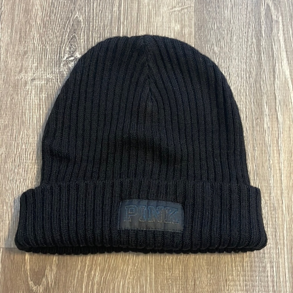 PINK black beanie hat